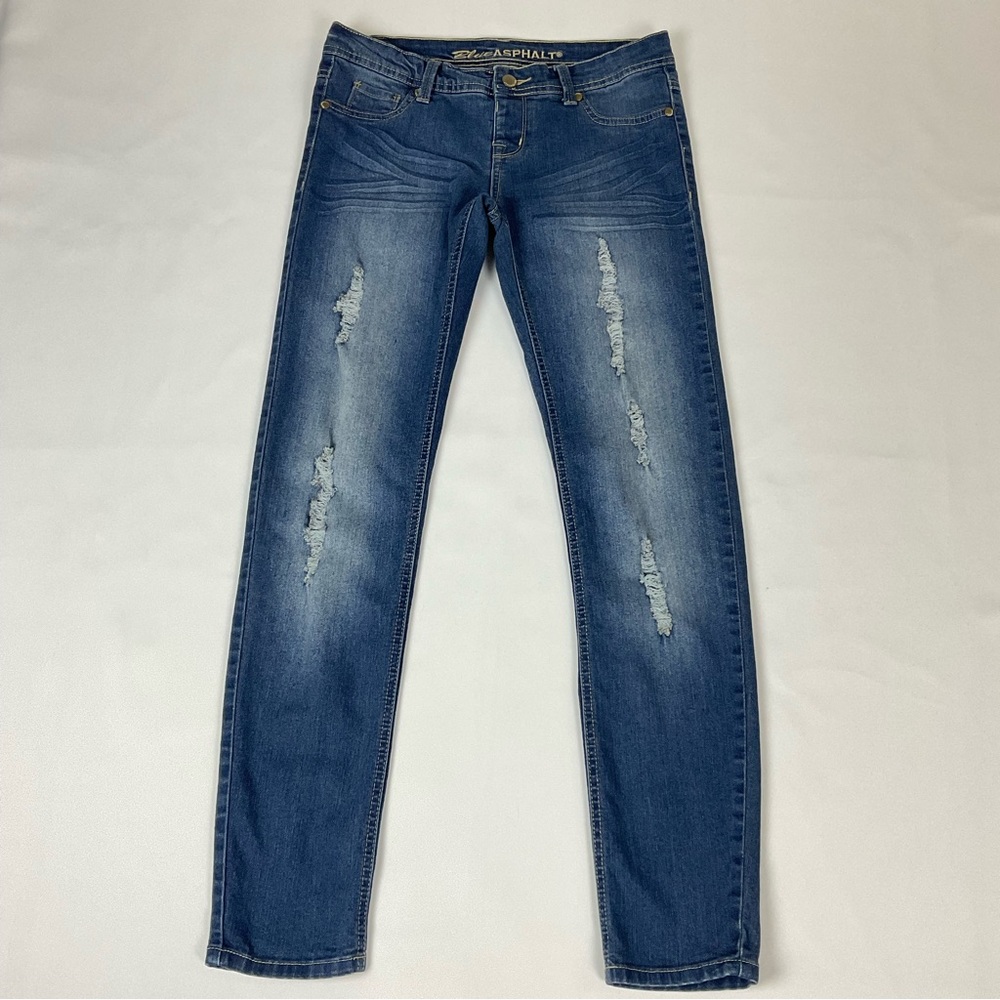 Blue Asphalt Womens M low rise stretch distressed destroyed blue leggings jeans